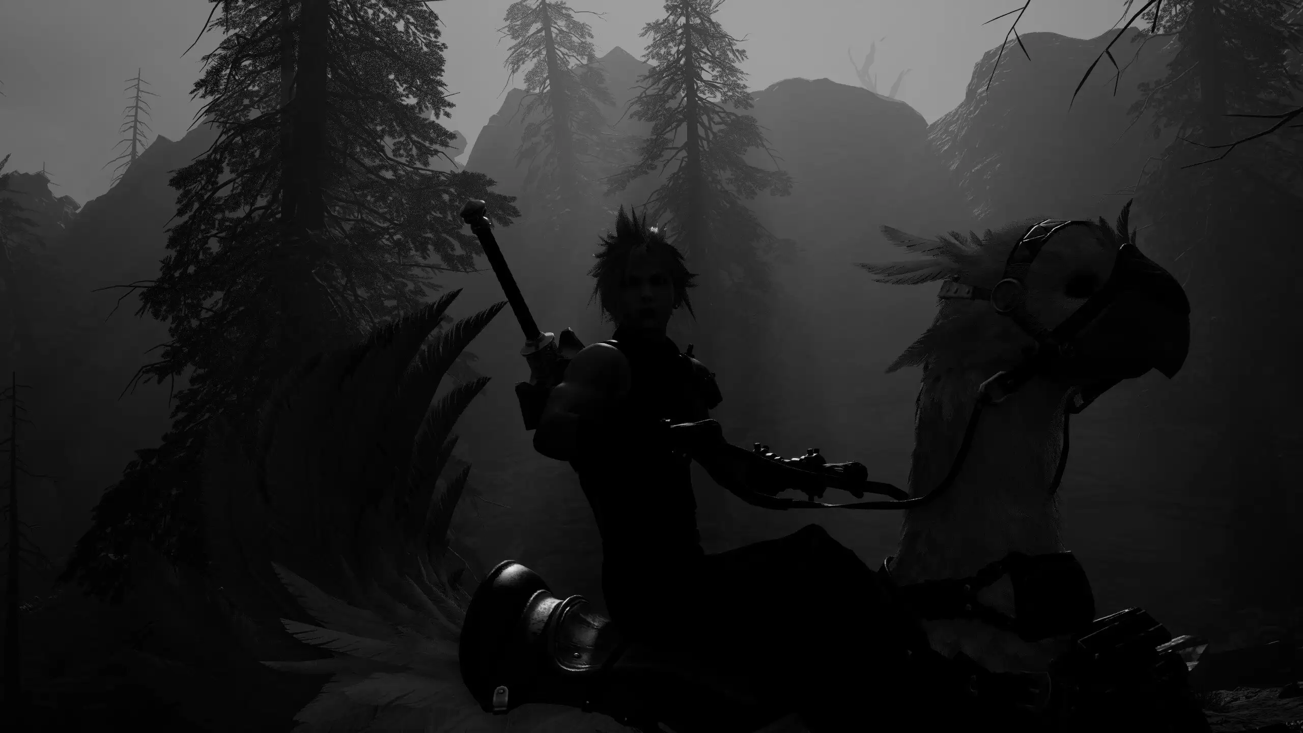 Cloud on his yellow chocobo in the forest.